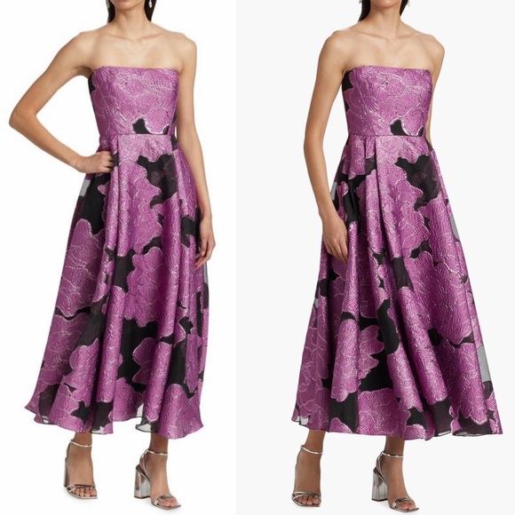 ML Monique Lhuillier Elle Metallic Strapless Jacquard A-Line Midi Cocktail Dress - Picture 6 of 15
